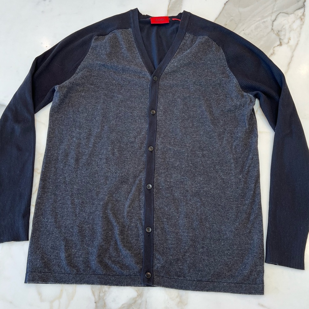 HUGO BOSS GRAY & BLACK CARDIGAN RIBBED SLEEVES SZ-L EXCELLENT CONDITION!!
